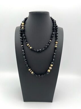 Vintage Signed Miriam Haskell Black Faceted Glass & Rhinestone 34” Necklace